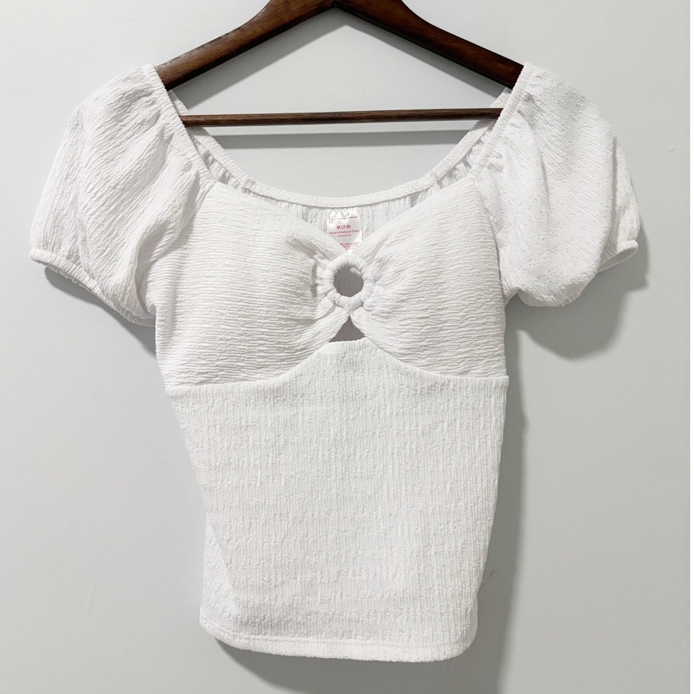 No Boundaries Top Juniors Size M White Cutout Ring Front Puff Sleeve Textured